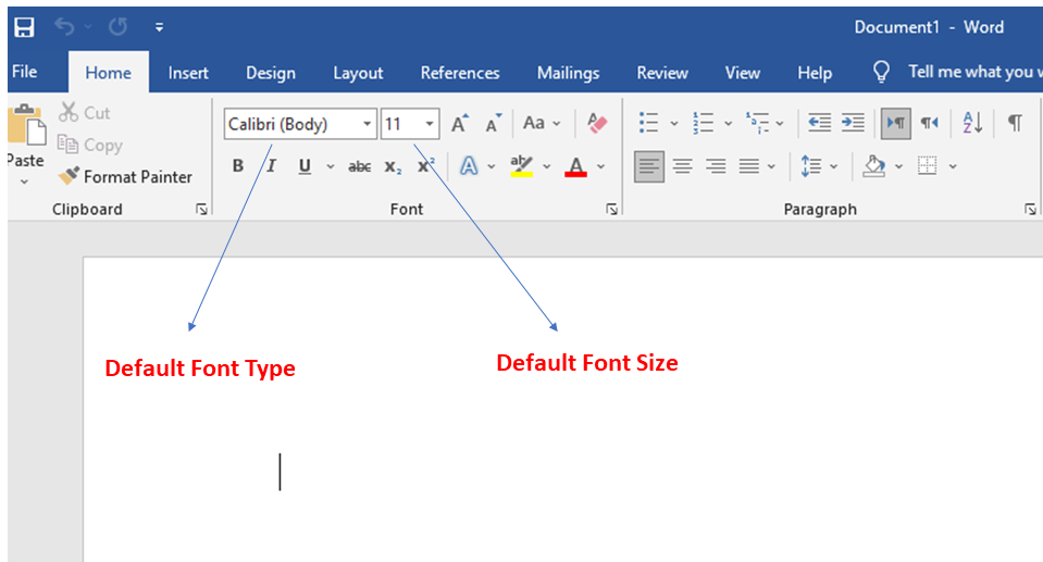 what is the default font used in ms word document